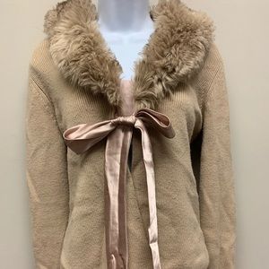 Croft and Barrow S Cardigan Sweater Faux Fur Beige